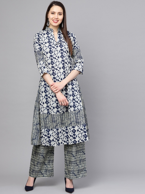 

ZOEYAMS Women Blue & Off White Printed Cotton A-Line Kurta