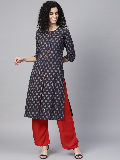 

ZOEYAMS Women Navy Blue Ethnic Motifs Printed Kurta