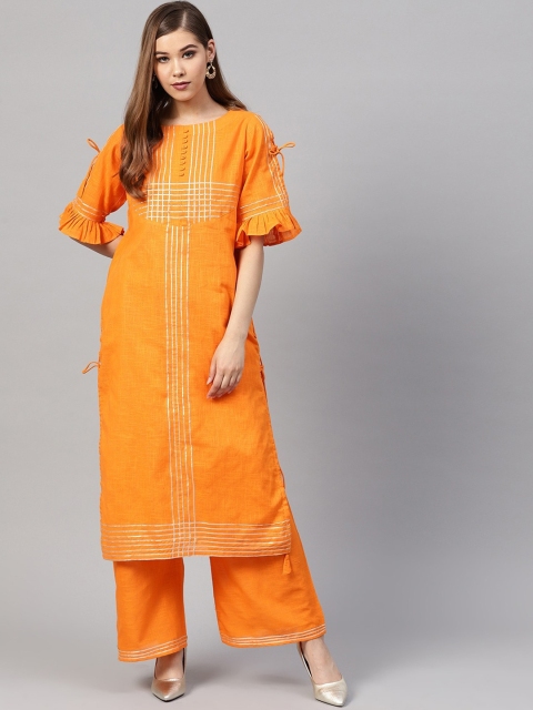 

ZOEYAMS Women Yellow Striped Flared Sleeves Gotta Patti Cotton Kurta