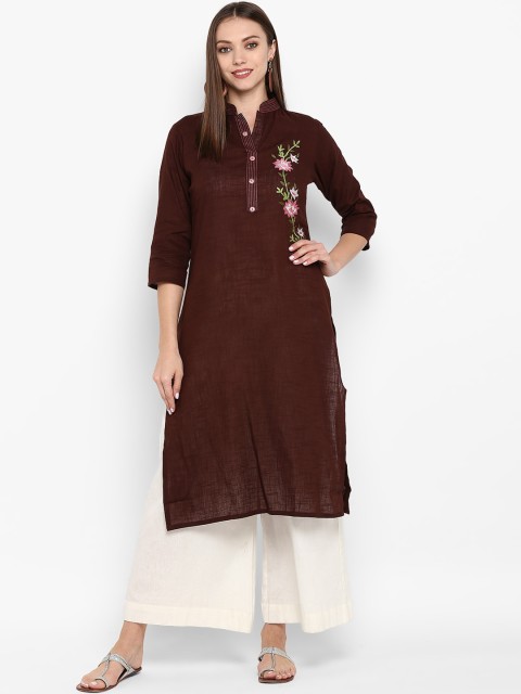 

ZOEYAMS Women Brown Floral Embroidered Cotton Slub Kurta