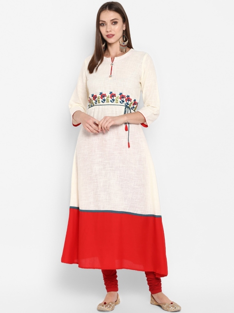 

ZOEYAMS Women Cream-Coloured Cotton Slub Embroidery Kurta