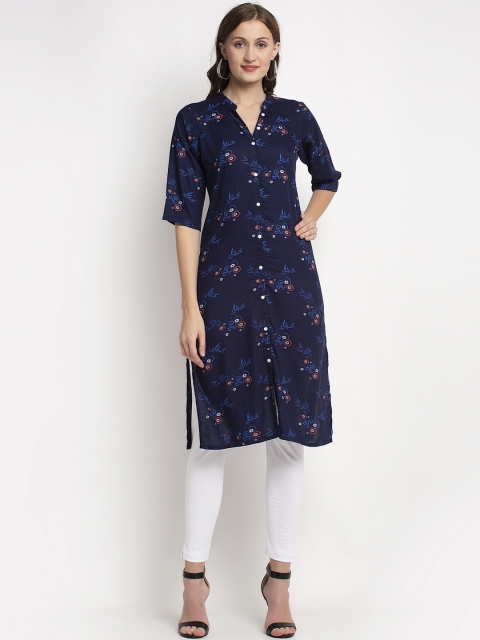 

NEUDIS Women Navy Blue Floral Printed Regular Kurti with Trousers