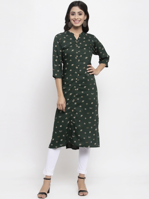 

NEUDIS Women Olive Green Ethnic Motifs Printed Regular Kurti with Trousers