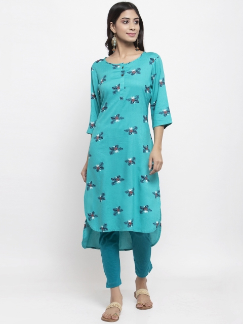 

NEUDIS Women Teal Floral Printed Regular Kurti with Trousers