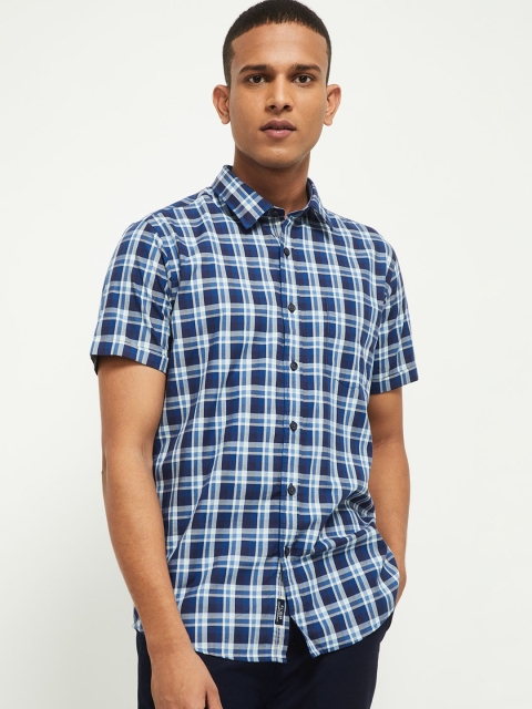 

max Men Blue & White Tartan Checks Opaque Checked Pure Cotton Casual Shirt