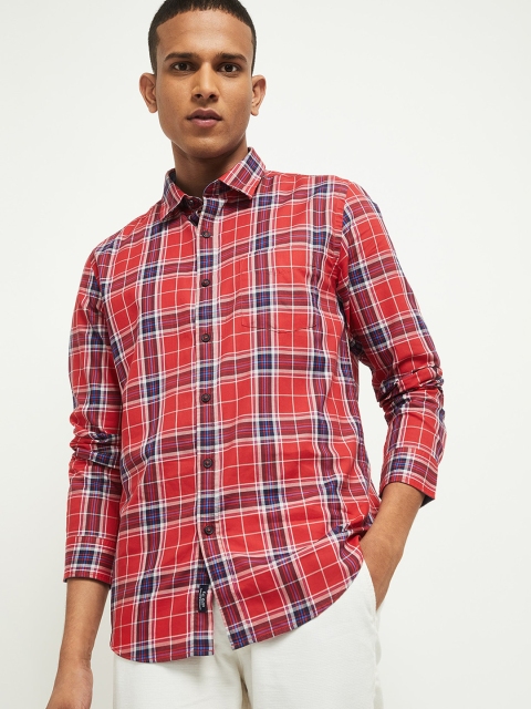 

max Men Red Tartan Checks Opaque Casual Pure Cotton Shirt