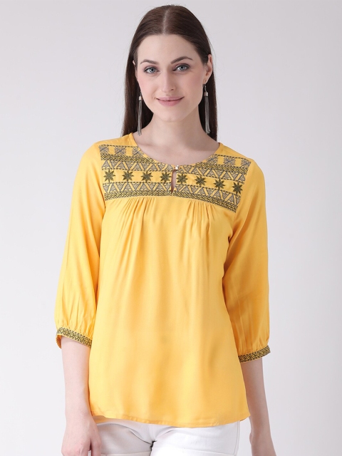 

Latin Quarters Mustard Yellow & Green Embroidered Keyhole Neck A-Line Top