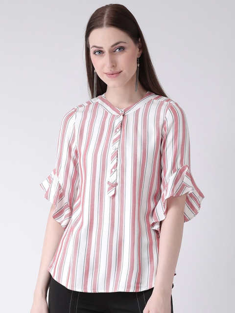 

Latin Quarters Red Striped Mandarin Collar Ruffles Regular Top