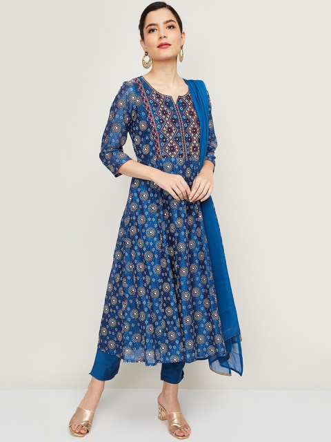 

Melange by Lifestyle Women Blue Ethnic Motifs Printed Regular Kurti& Trousers & Dupatta