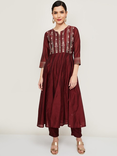 

Melange by Lifestyle Women Maroon Ethnic Motifs Regular Kurti with Trousers & With Dupatta