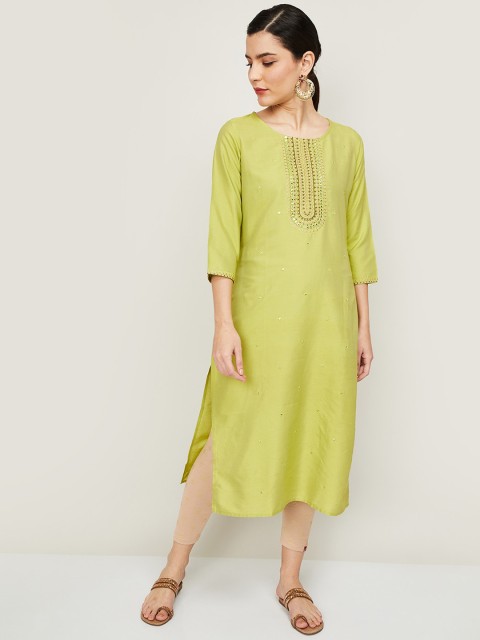 

Melange by Lifestyle Women Lime Green Yoke Design Thread Work Kurta