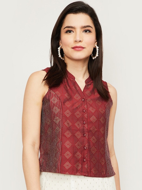 

Melange by Lifestyle Maroon Geometric Mandarin Collar Top