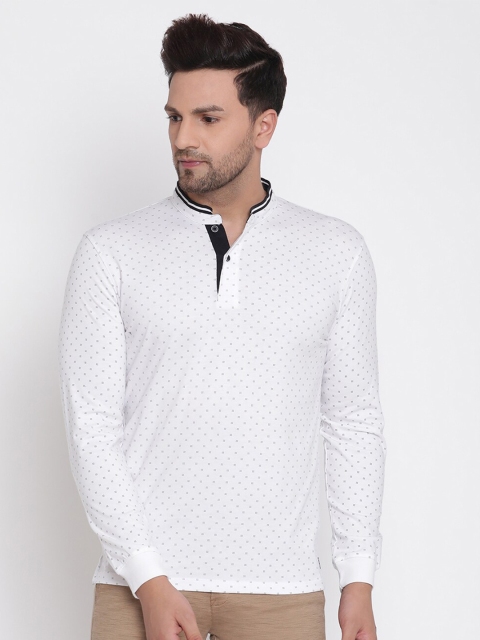 

METTLE Men White Printed Cotton Mandarin Collar T-shirt