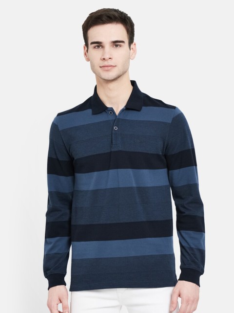 

METTLE Men Blue Striped Polo Collar Cotton T-shirt