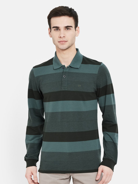 

METTLE Men Olive Green Striped Polo Collar T-shirt