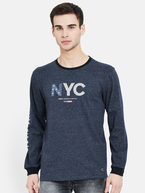 

METTLE Men Grey & Blue Printed Cotton T-shirt