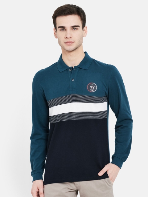

METTLE Men Teal & Black Striped Polo Collar T-shirt