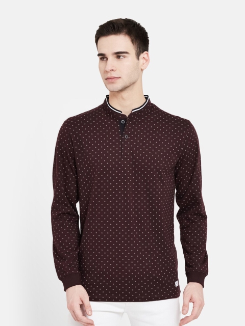 

METTLE Men Maroon & White Printed Henley Neck Cotton T-shirt