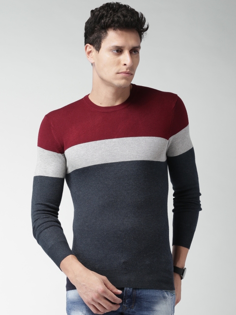 

ALCOTT Men Navy & Maroon Colourblocked Sweater, Navy blue