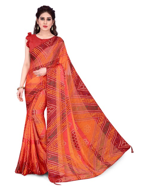 

MIRCHI FASHION Orange & Red Bandhani Saree