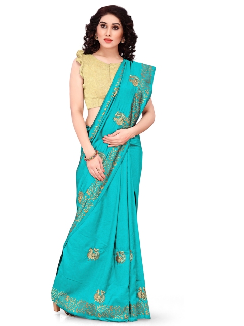 

KALINI Turquoise Blue & Gold-Toned Ethnic Motifs Zari Silk Blend Saree