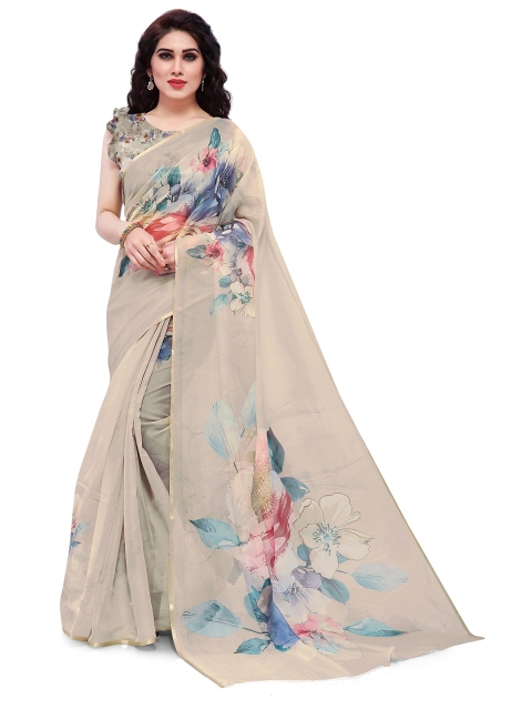 

MIRCHI FASHION Beige & Blue Floral Zari Organza Bagh Saree