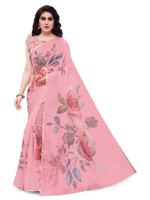 

MIRCHI FASHION Pink & Blue Floral Zari Organza Bagh Saree