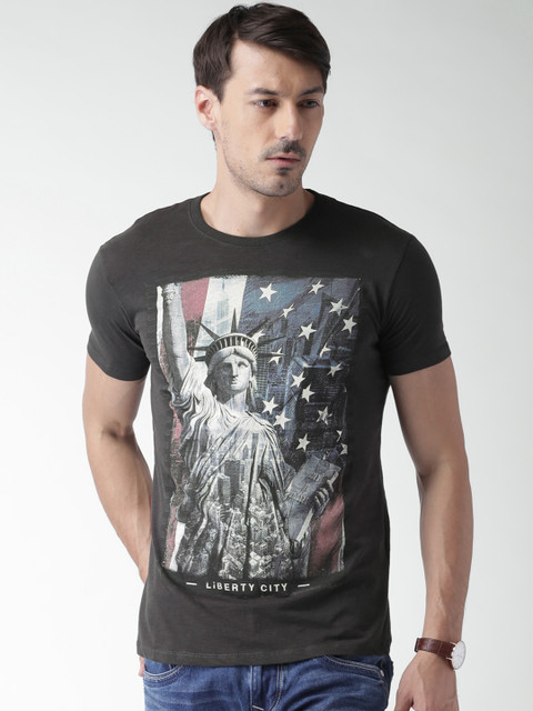 

ALCOTT Men Charcoal Grey Printed Round Neck T-shirt