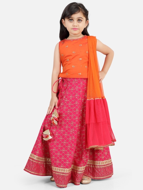 

Ashneeta Girls Orange & Pink Embroidered Khari Print Ready to Wear Lehenga & Blouse With Dupatta