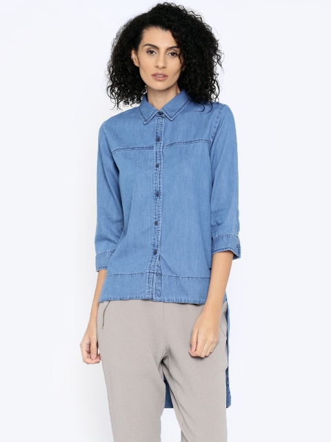 

Pepe Jeans Women Blue Regular Fit Solid Casual High-Low Shirt