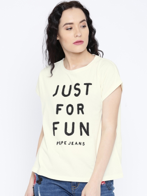 

Pepe Jeans Women Off-White Printed Round Neck T-Shirt