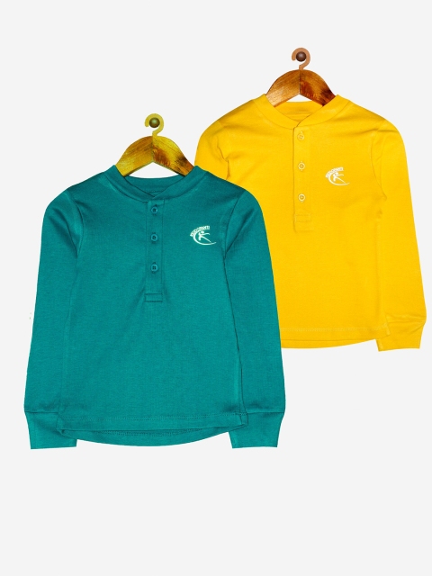 

KiddoPanti Unisex Kids Teal & Yellow Pack of 2 Henley Neck Applique T-shirt