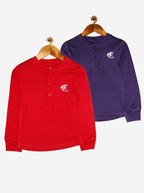 

KiddoPanti Unisex Kids Purple & Red Pack of 2 Henley Neck Applique T-shirt