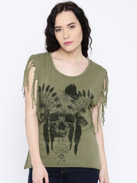 

Pepe Jeans Women Olive Printed Round Neck T-Shirt