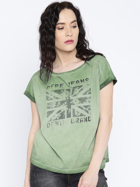 

Pepe Jeans Women Green Printed Round Neck T-Shirt