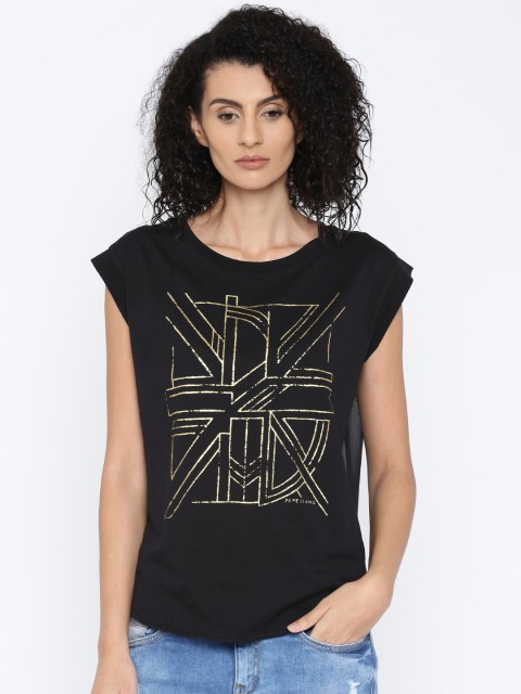 

Pepe Jeans Women Black Printed Round Neck Pure Cotton T-shirt