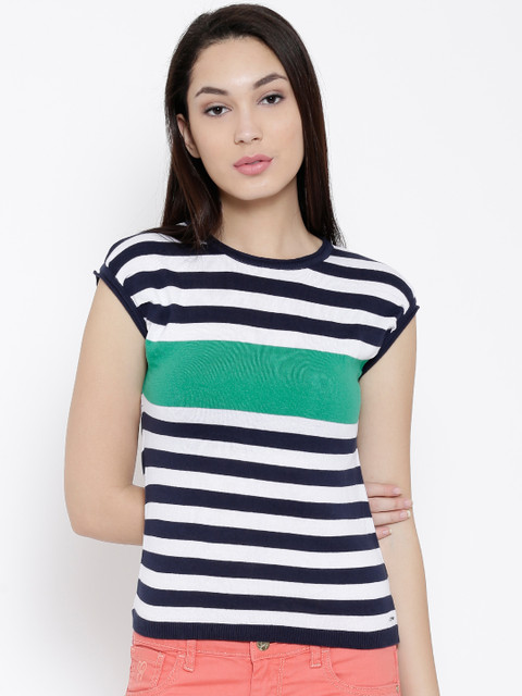 

Pepe Jeans Women Navy & White Striped Top, Navy blue