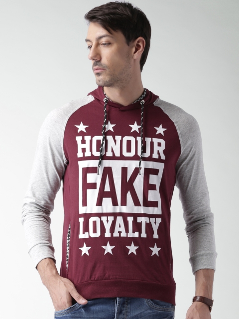 

ALCOTT Men Burgundy & Grey Printed Hooded T-Shirt