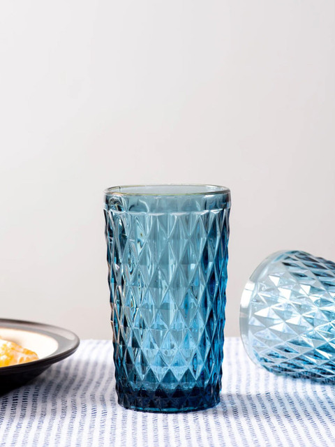 

THEDECORKART Set Of 2 Blue Textured Dishwasher Safe Glass Tumbler