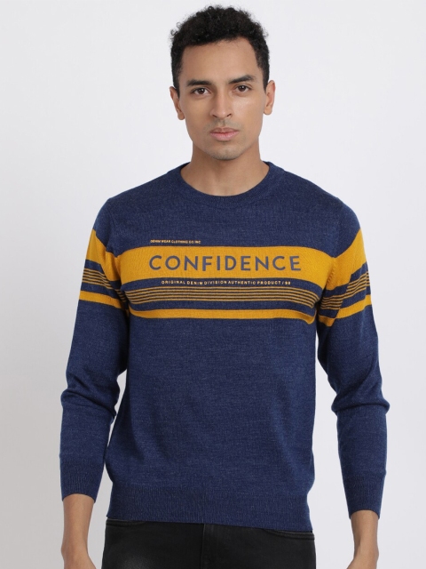 

MASH UNLIMITED Men Navy Blue & Yellow Typography Striped Pullover