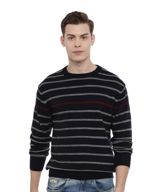 

MASH UNLIMITED Men Navy Blue & Off White Striped Pullover