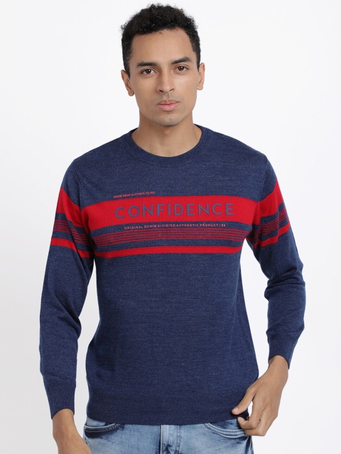 

MASH UNLIMITED Men Navy Blue & Red Typography Striped Pullover