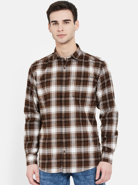 

METTLE Men Olive Brown & White Tartan Checks Opaque Cotton Casual Shirt