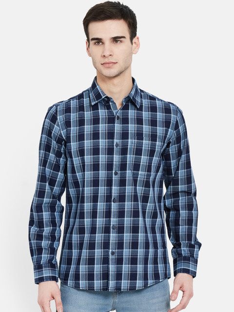 

METTLE Men Blue Opaque Checked Cotton Casual Shirt