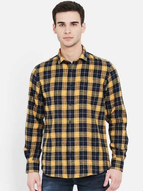 

METTLE Men Yellow Opaque Checked Casual Cotton Shirt