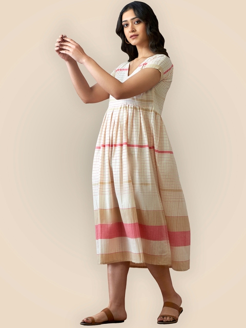 

Lokatita Off White Striped A-Line Midi Dress
