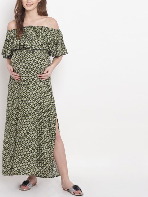 

Mine4Nine Green & Off White Geometric Printed Off-Shoulder Maternity Maxi Dress