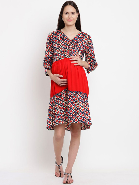

Mine4Nine Red & Blue Geometric Printed Maternity Fit & Flare Dress