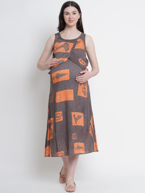 

Mine4Nine Orange & Grey Geometric Printed Maternity A-Line Midi Dress
