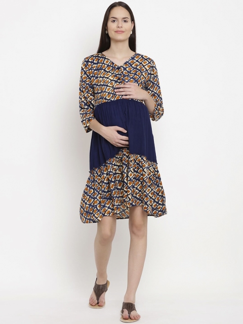 

Mine4Nine Brown & Navy Blue Geometric Printed Maternity Fit & Flare Dress